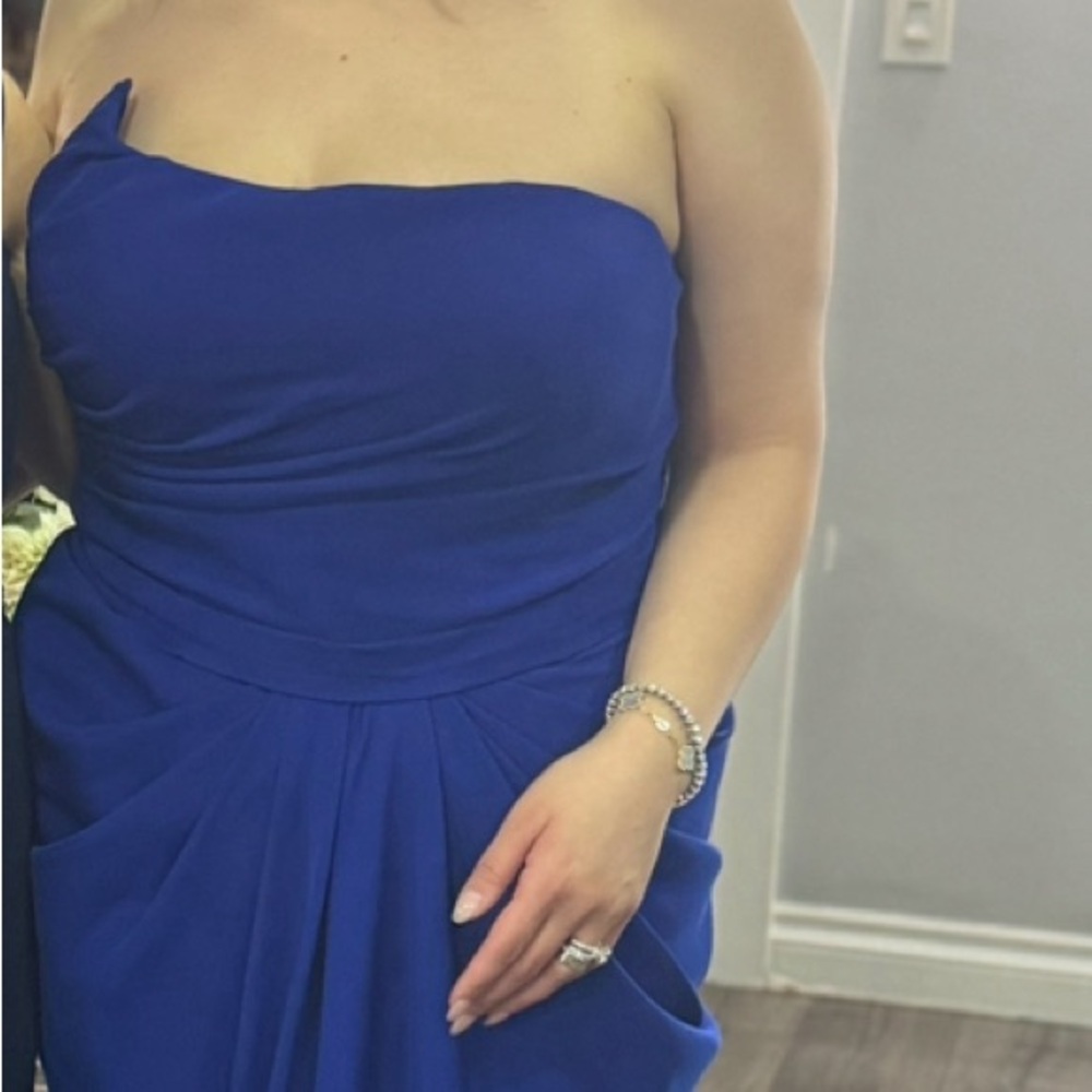 MNM Couture Blue Strapless Pleated Sheath Dress